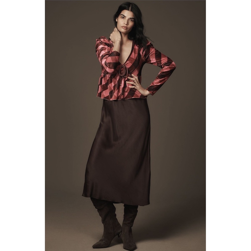 Maeve Anthropologie Velvet Plaid Peplum Top XS S Puff Long Sleeve Fall Burgundy - Picture 2 of 8